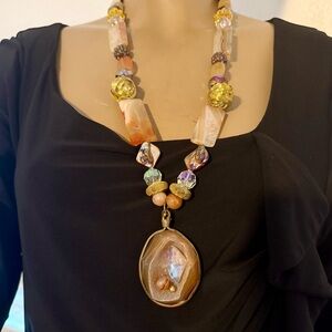 Druzy Crystal Agate Statement Necklace & Earrings Set Quartz Gold Orange Cream